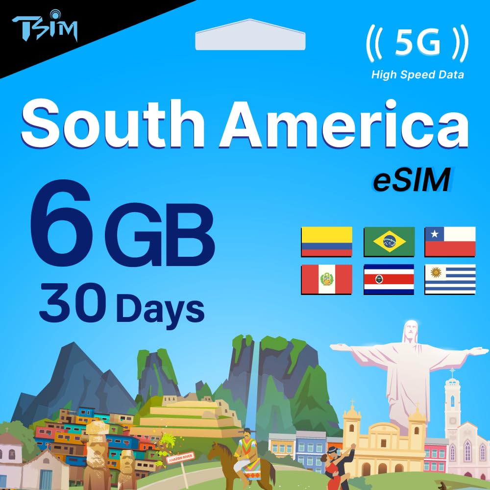 TSIM Sudamérica eSIM 30 días | 6GB Internet 5G/4G/LTE | Compartir Datos Permitido | Funciona en Brasil, Chile, Colombia, Perú, Uruguay y Costa Rica | Activación en 24h | Red 5G Amplia Cobertura.