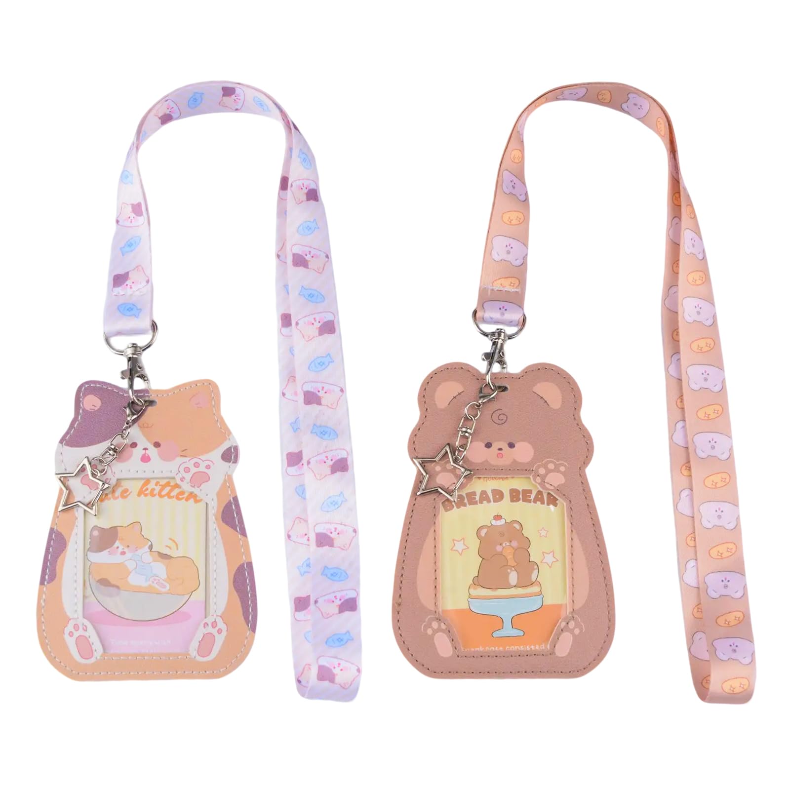 HICOHAND ID Badge Holder with Lanyard, 2 PCS Cute Cat and Bear PU Leather ID Badge Card Holder with Star Keychain Lanyard Strap with Metal Clasp for School Office Girls