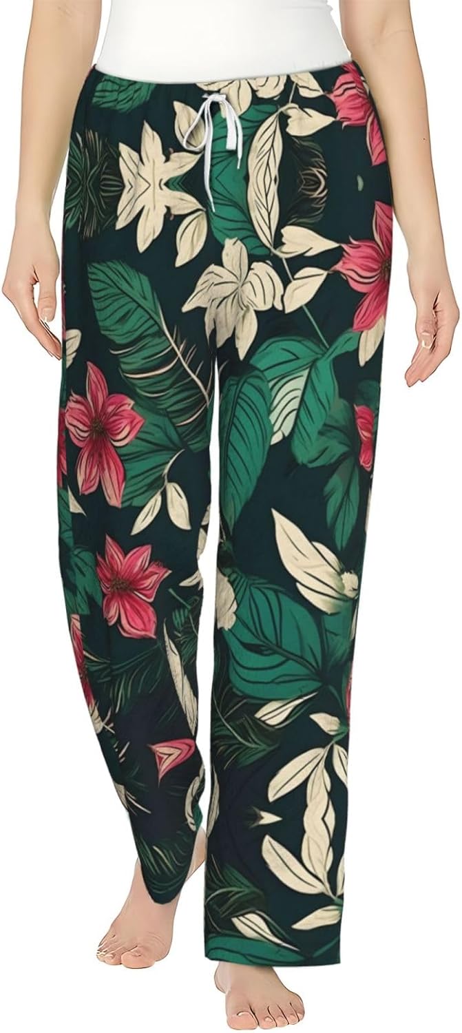 Flower Leaf Print Cozy Christmas Pajama Pants,Flannel Pajama Bottoms,Cater To Various Body Types