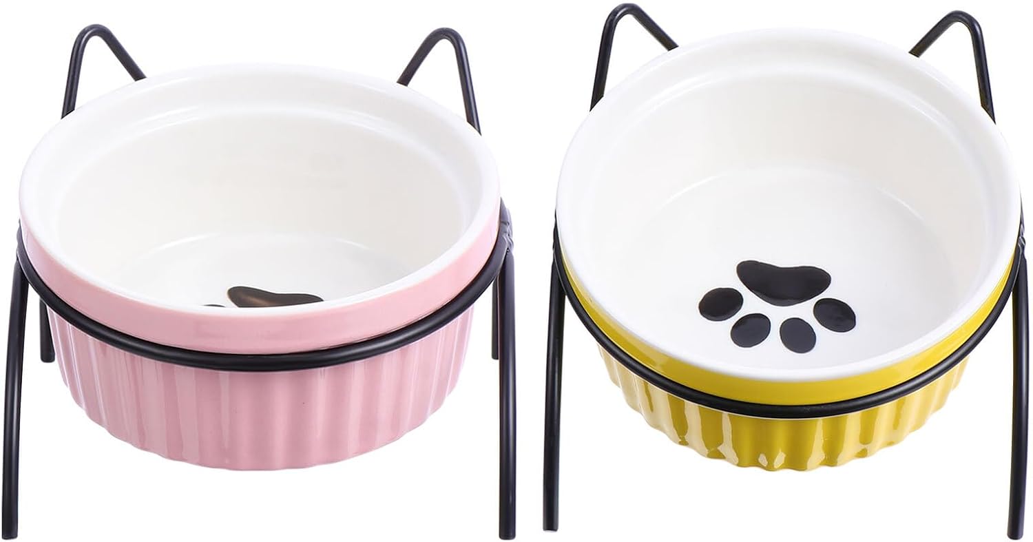 BETOOKY Ceramic Raised Cat Bowl Set with Iron Stand 4pcs Cat Food Water Bowls Elevated Feeding Station