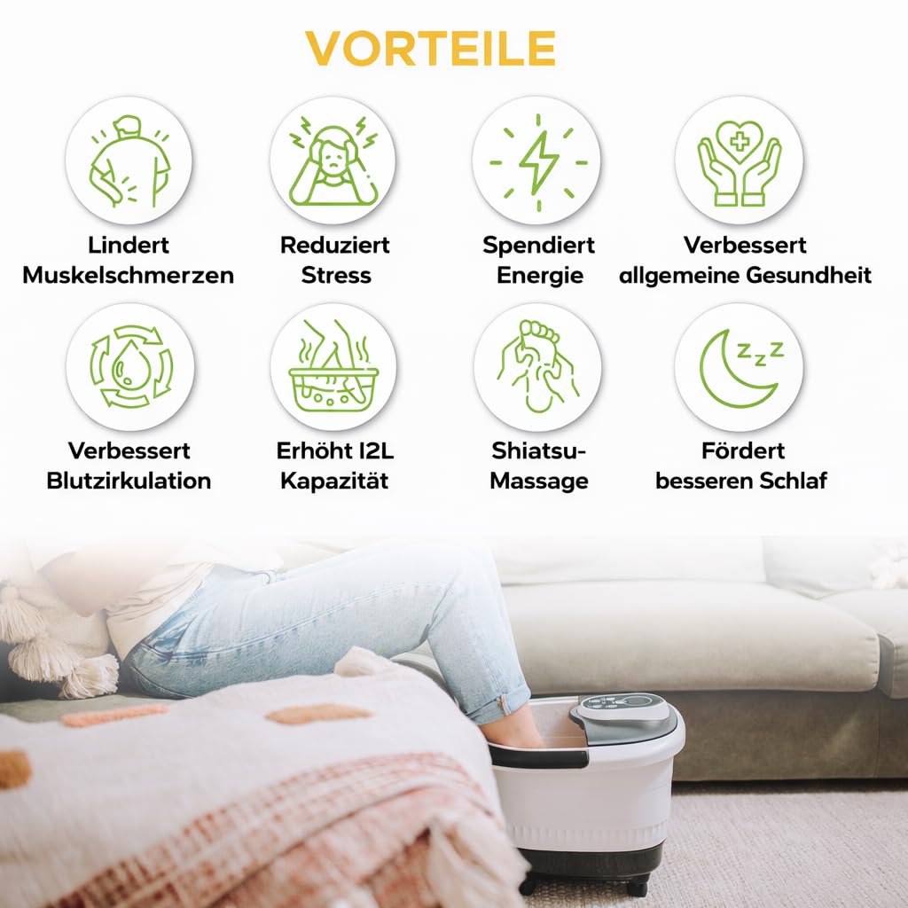 XXL Fußbad 12L – Automatische Radmassage & Infrarot – Fußsprudelbad 48°C mit Shiatsu – Elektrische Fußbadewanne - Entspannung Fußpflegegerät