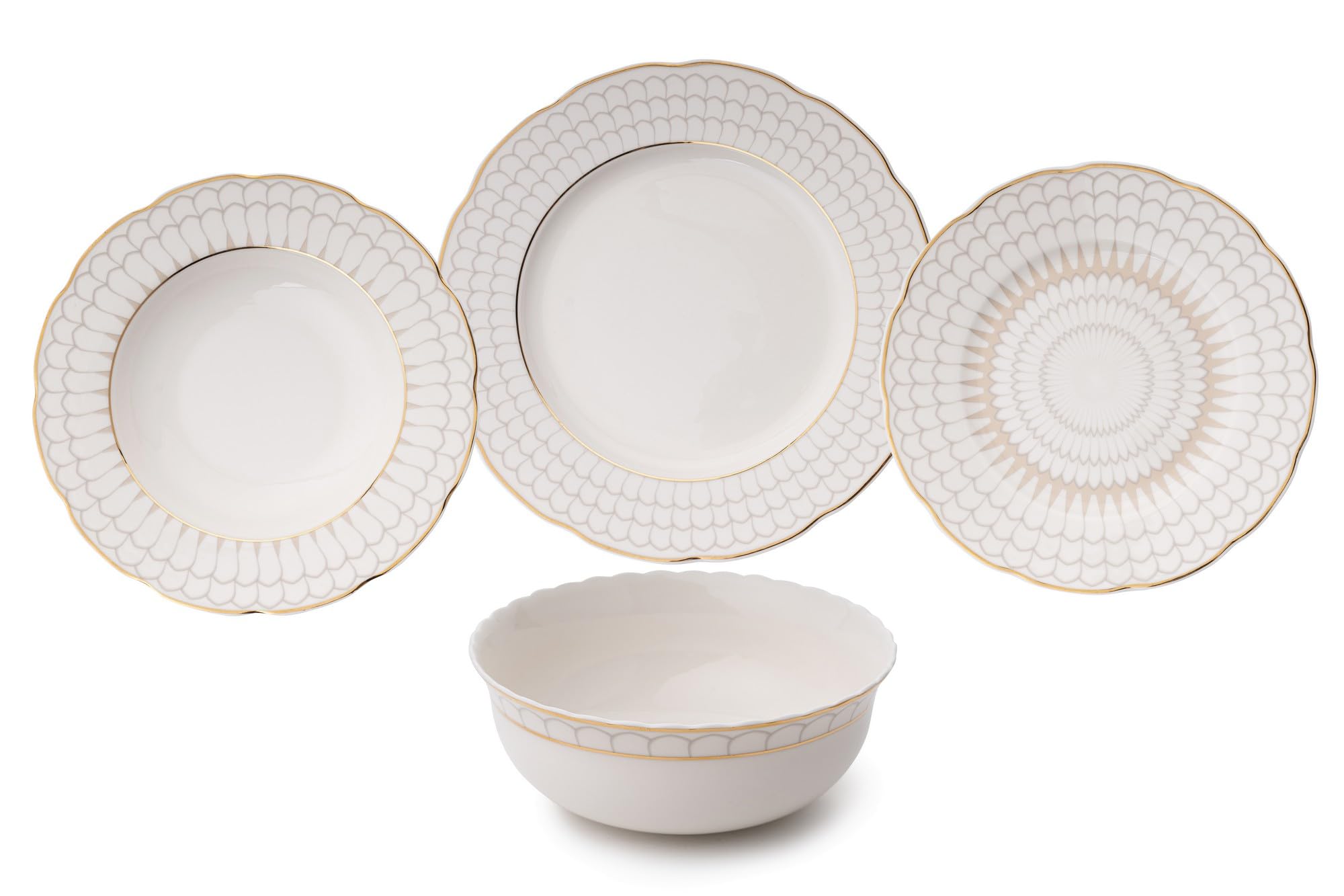Elegant 24-Piece Dinner Set, 100% Porcelain | Includes 6 Service Plates (27 cm), Deep Plates (21 cm), Dessert Plates (21 cm), & Bowls (15 cm) | Perfect for Stylish Dining!