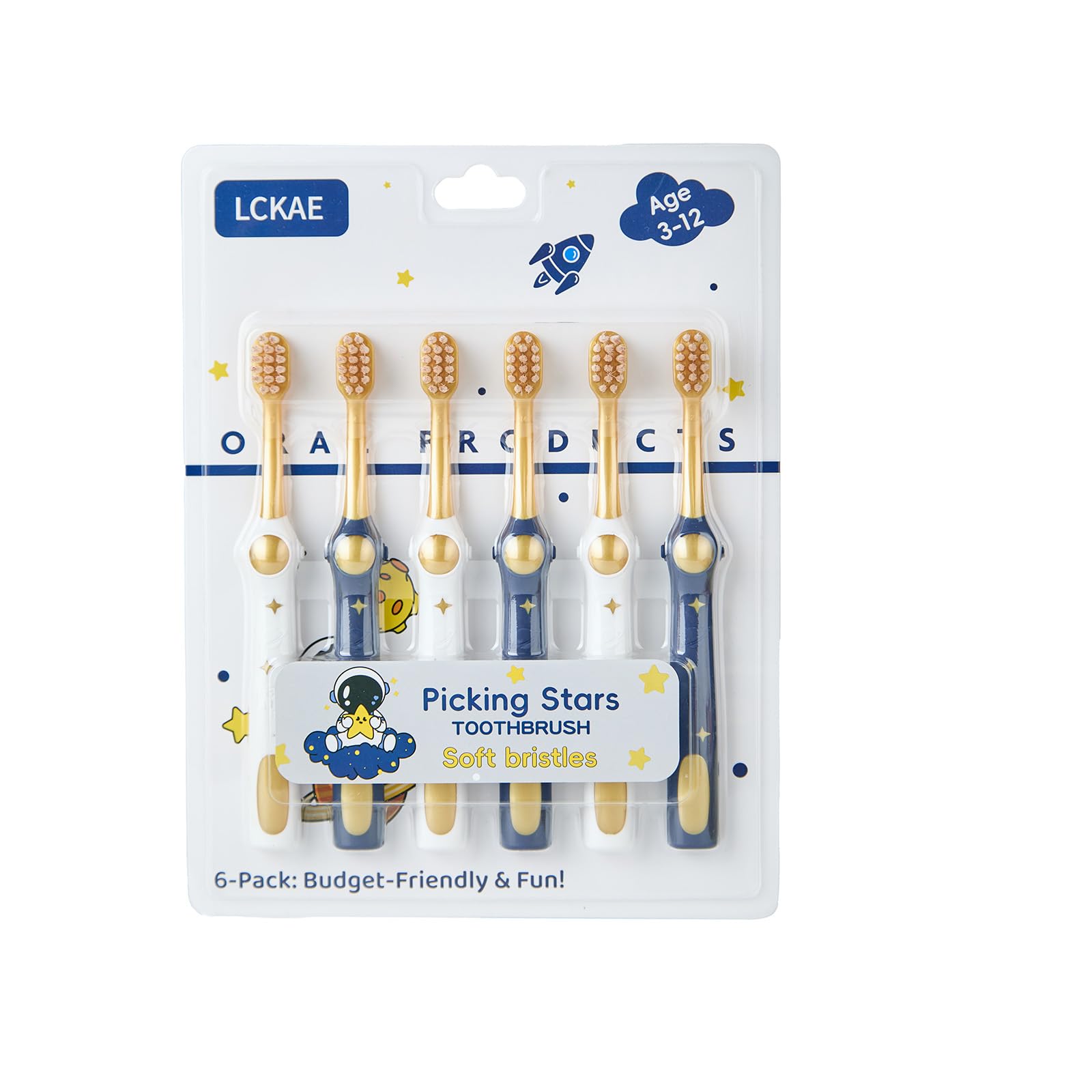 LCKAE 6PCS Kids Space Design Toothbrush, Soft Bristles, Ages 3-12 Years (Blue White)
