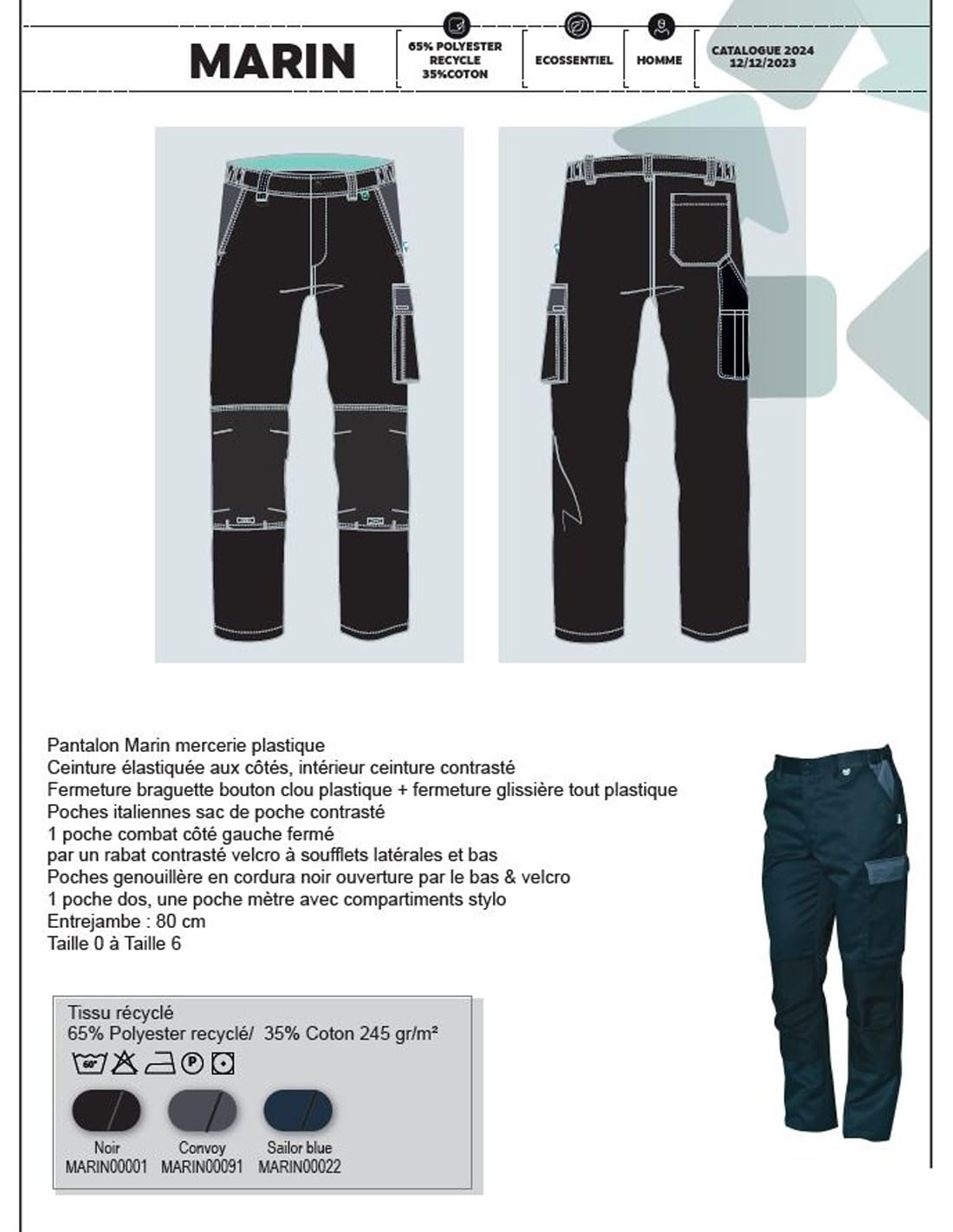 Pantalon de Travail avec Poches Genouillères, 65% Polyester Recyclé/35% Coton, 80 cm Entrejambe