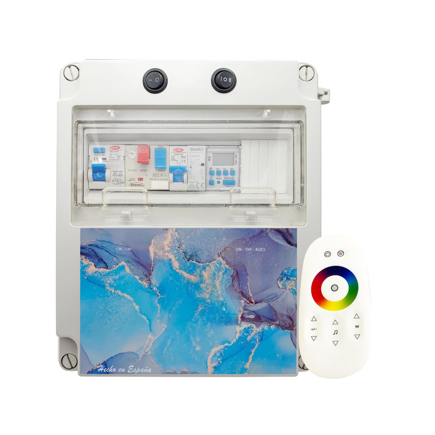 SWIMHOME Cuadro Eléctrico para Piscina Iluminación y Motor | Guardamotor y Transformador | Controlador WiFi RGB y Blanco | Contactor para Motor | 150W 12DC | Bomba de Agua 0,5CV 2,5-4A