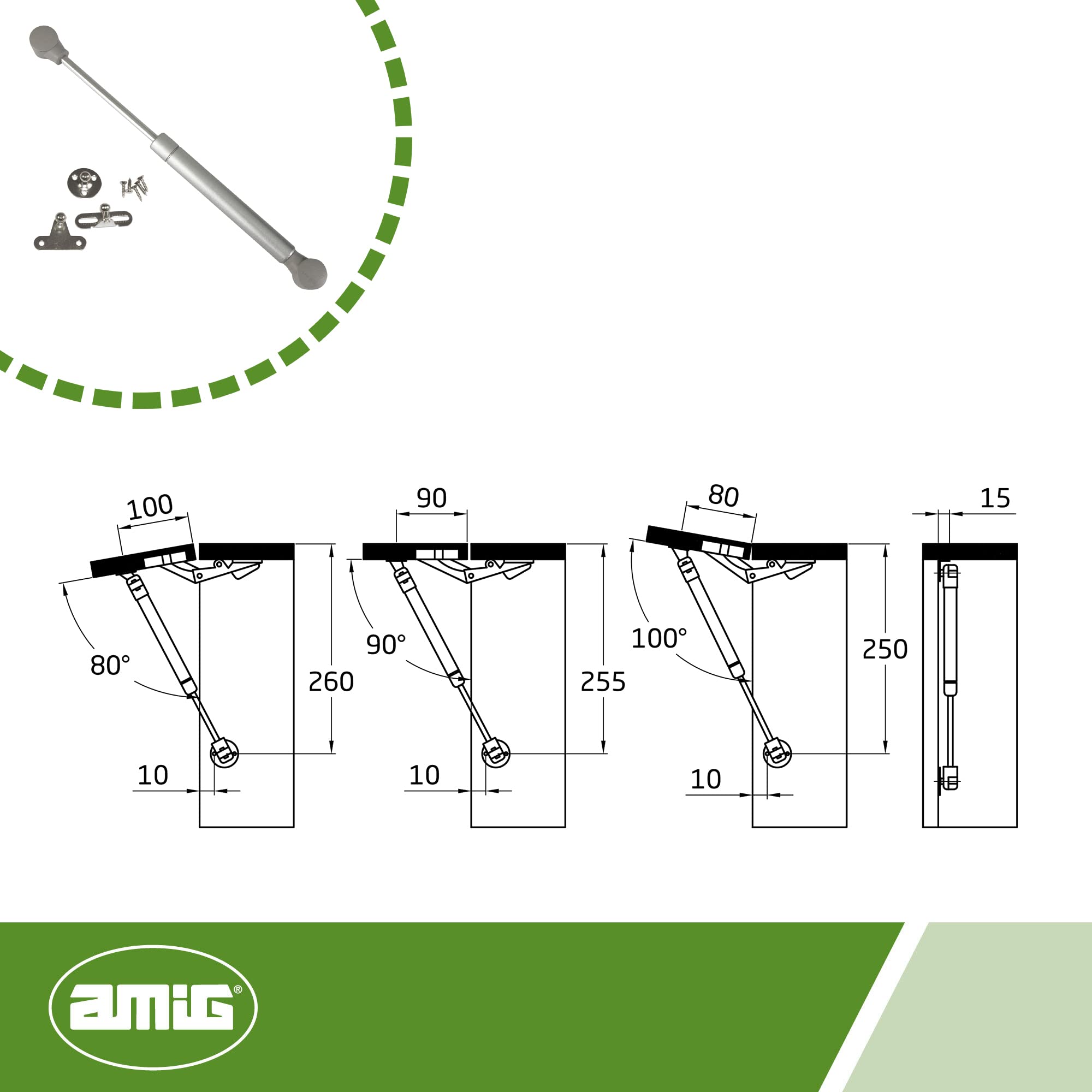 Amig - Bussola a gas per sollevamento porte apribili per mobili - Mod.97-247 x 15 mm - Resistenza di carico: 8 kg - Ammortizzatore per apertura verso l'alto senza impatto - Argento
