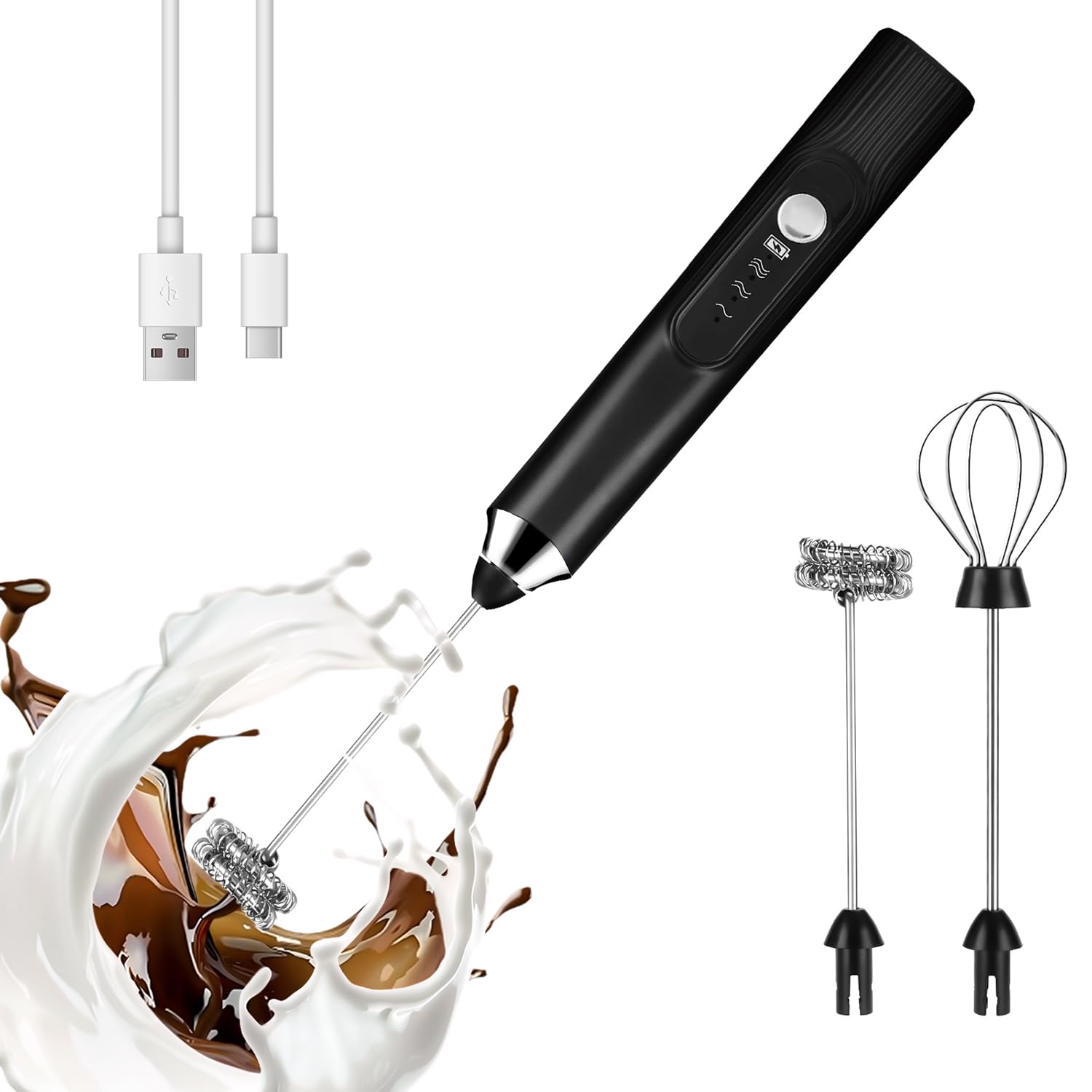 BEoffer Milk Frother Handheld Rechargeable 2000mAH Power Frother Wand Electric Foam Maker with 2 Stainless Whisks 3 Speeds Drink Mixer Coffee Frother for Latte, Cappuccino, Matcha, Hot Chocolate, Egg