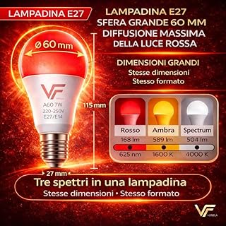 VERLSA Lampada Luce Rossa Melatonina con 3 sfumature- E27-7w - lampada luce melatonina 625nm, ambra 1600k e bianco 4000k - Luce rossa Notturna Rilassante, Bilancia il Ritmo Circadiano (1, E27)