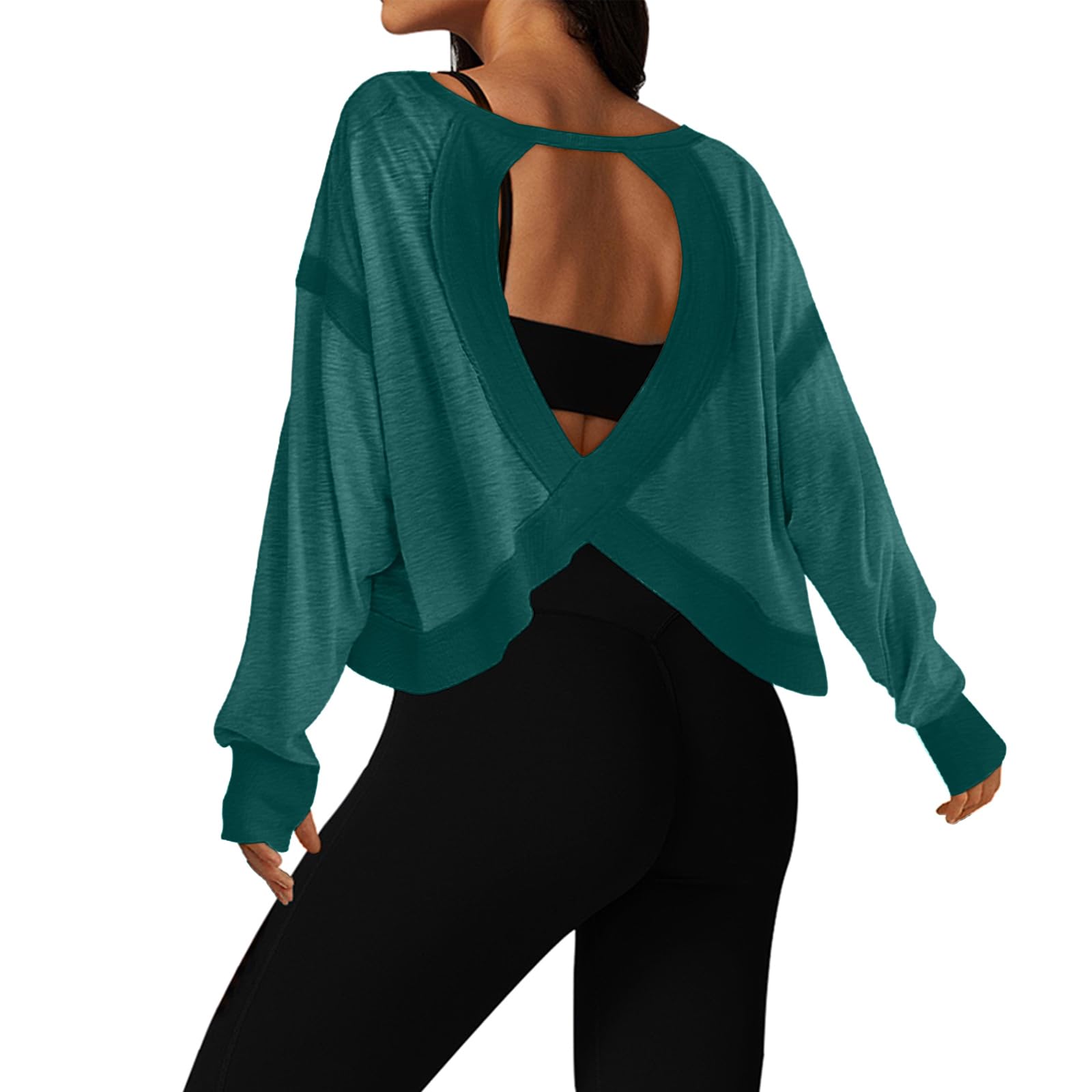UNIANKIYA Open Back Workout Tops for Women Long Sleeve Cropped Athletic Clothes Gym Running Yoga Low Impact Sports T Shirts