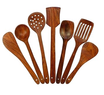 Simran Handicrafts Wooden Serving and Cooking Spoons Wood Brown Spoons Kitchen Utensil Set of 7