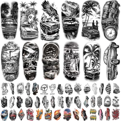 77 Sheets Car Temporary Tattoo Adult Teen Kid Realistic Half Sleeve Fake Tattoos Stickers Arm Body Art Makeup for Man Women