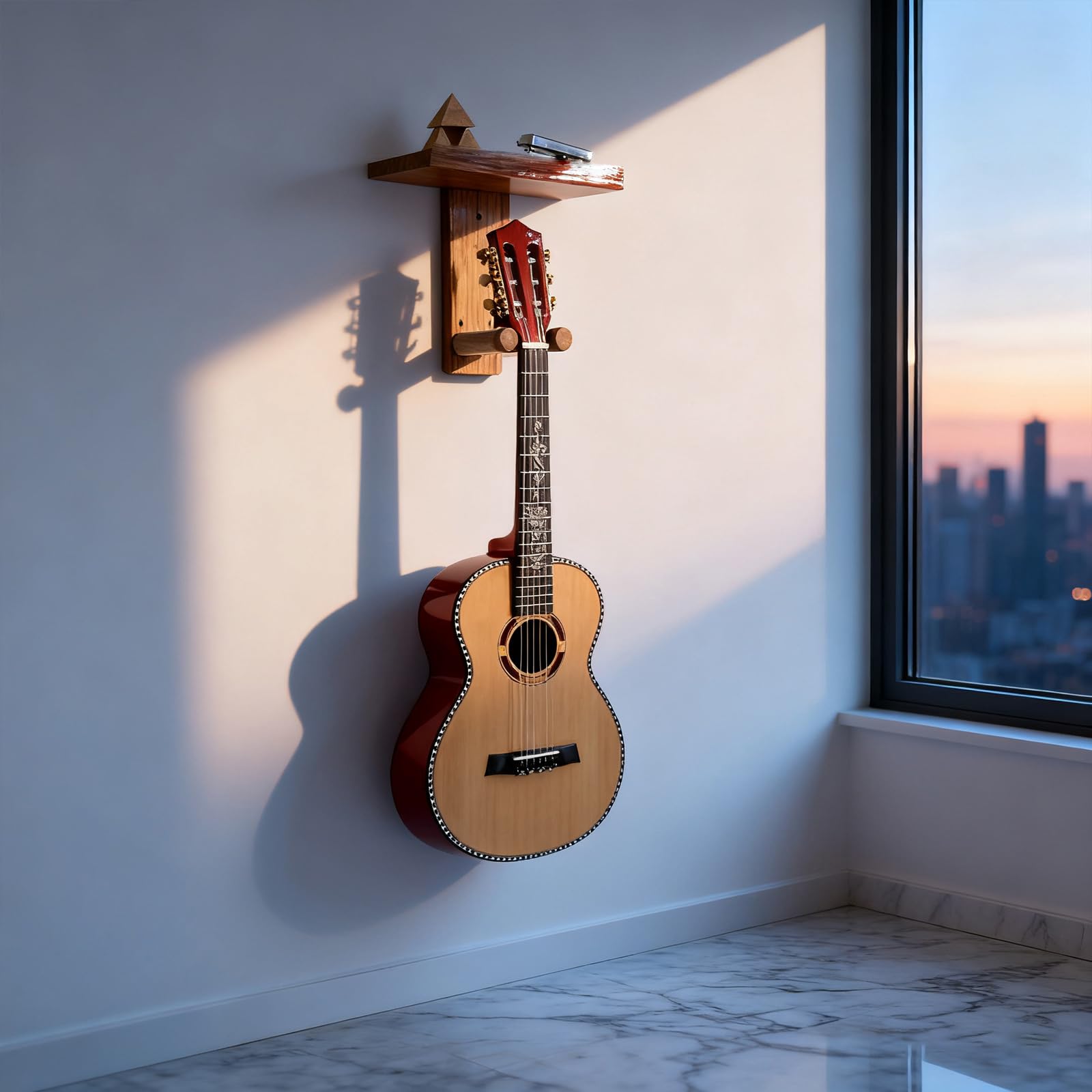 BestYiJo 2 soportes de pared para guitarras de madera, con estante y soporte para púas - Ajustable para acústica, guitarra eléctrica, bajo y ukelele - Juego de soportes para guitarra de madera maciza