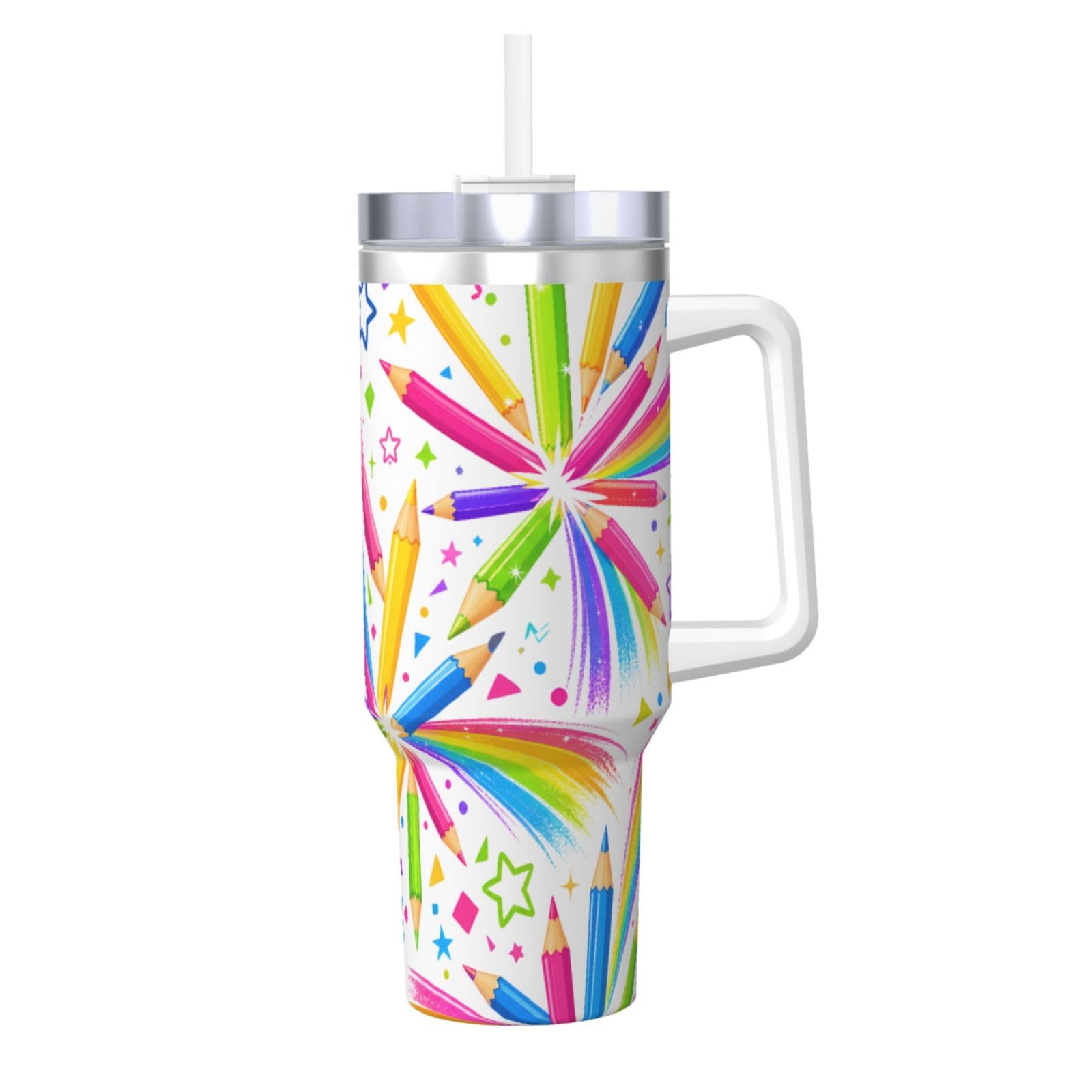 Taza de café aislada de 40 oz con asa Pencil Rainbow Burst