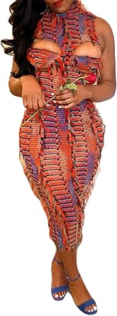Womens Sexy Sleeveless Turtlneck Cut Off Holes Knitted Tassel Bodycon Party Clubwear Dress