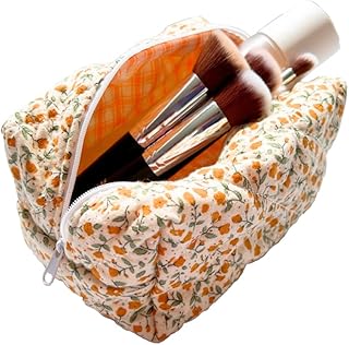 Floral Makeup Pouch, Quilting Flower Makeup Bag, Toiletries Bag, Cosmetic Bag, Skincare Bag, Stuff Bag, Trendy Makeup Bag Travel, Small Makeup Pouch, Aesthetic Makeup Bag Quilted Bag (Orange Flower)
