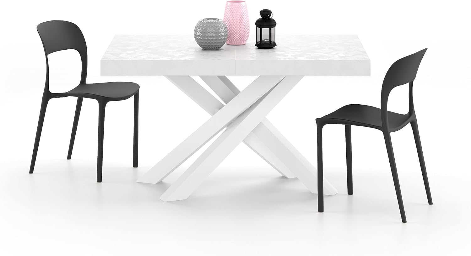 Mobili Fiver, Emma 55.11(86.6) x35.4 in Extendable Table, Concrete Effect, White with White Crossed Legs, for 6-10 People, Expandable Dining Table for Kitchen, Living Room, Italian Furniture