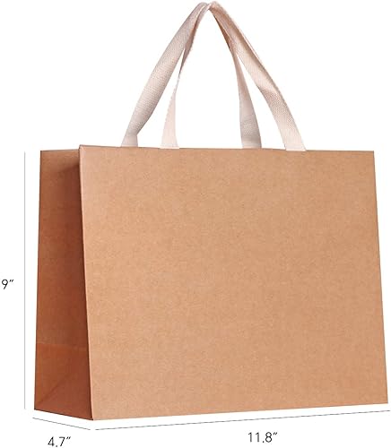 Miniatura 3 de 12 bolsas de papel de 11.8 x 4.7 x 9 pulgadas (2) tamaño mediano, color marrón natural con asas de algodón, bolsas de regalo gruesas y resistentes y
