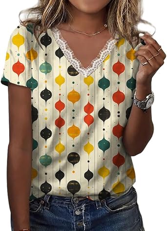 HOTYD Womens Boho Tops Lace V Neck Blouses for Women Dressy Casual Ethnic Print Short Sleeve Shirts Summer Tunic Shirts