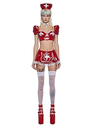 Dolls Kill First Aid Babe Costume Set by Trickz N’ Treatz – Women’s Red Vinyl Nurse Outfit with Crop Top, Skirt & Headband - Red - X-Large