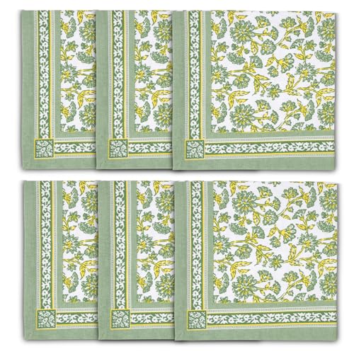 Image of Encasa XO Dining Table Napkins Set of 6 | Sage-02 Block Printed Cotton Canvas Cloth Napkin - 45x45 cm | Jaipur Sanganeri Hand Print