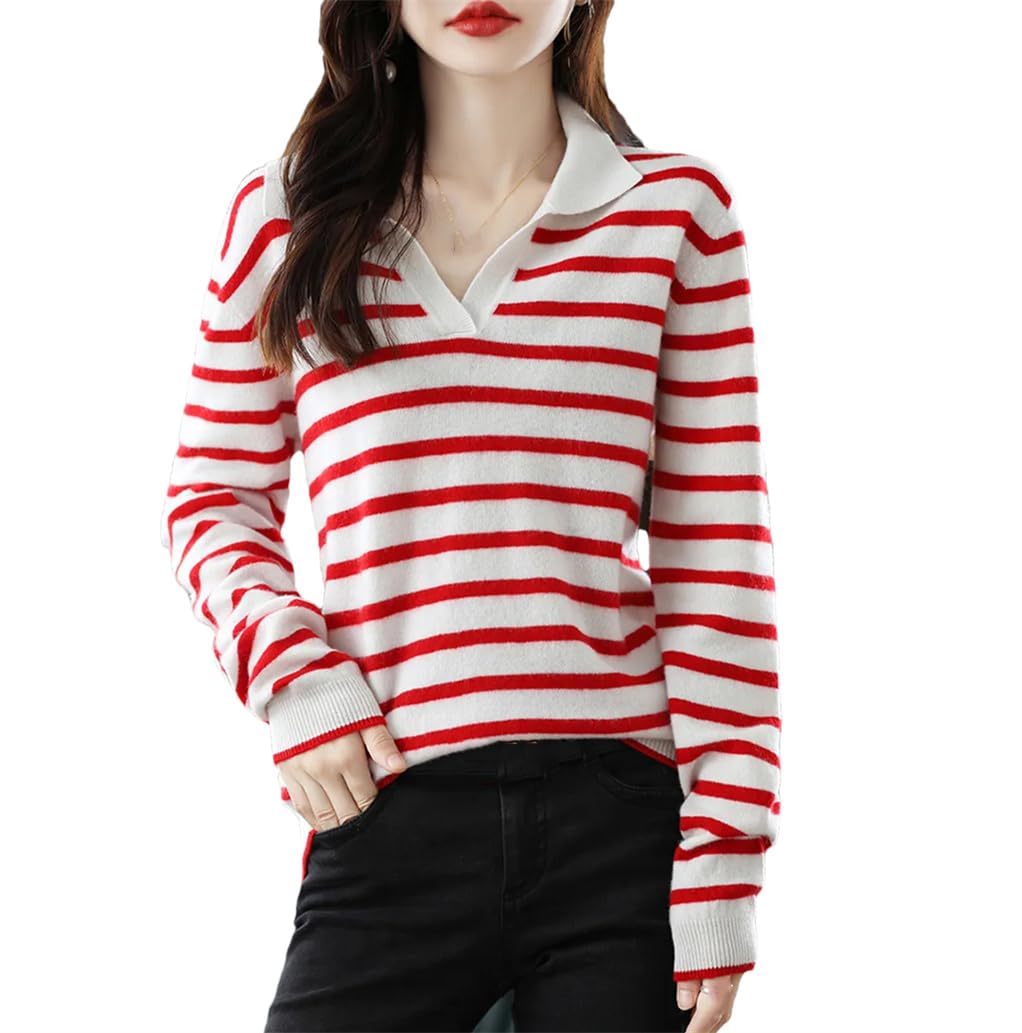 Dninmim Maglione da donna in lana con collo a polo, per autunno e inverno, casual, a righe