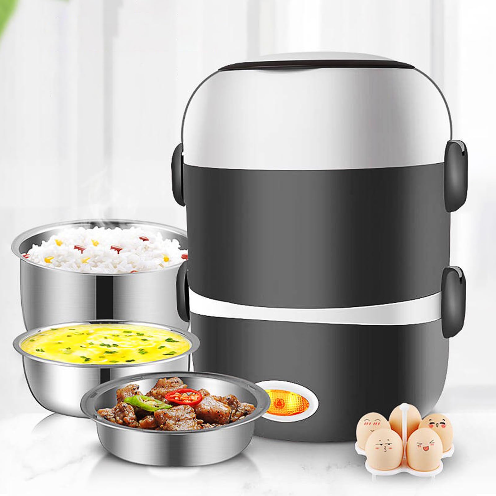 VAODO Electric Lunch Box Food Heater, 3 Layers 2L Portable Electric Heated Insulated Lunch Box, Multifunctional Food Warmer Container, Steam Cooker with Rice Set, with Egg Holder, Black