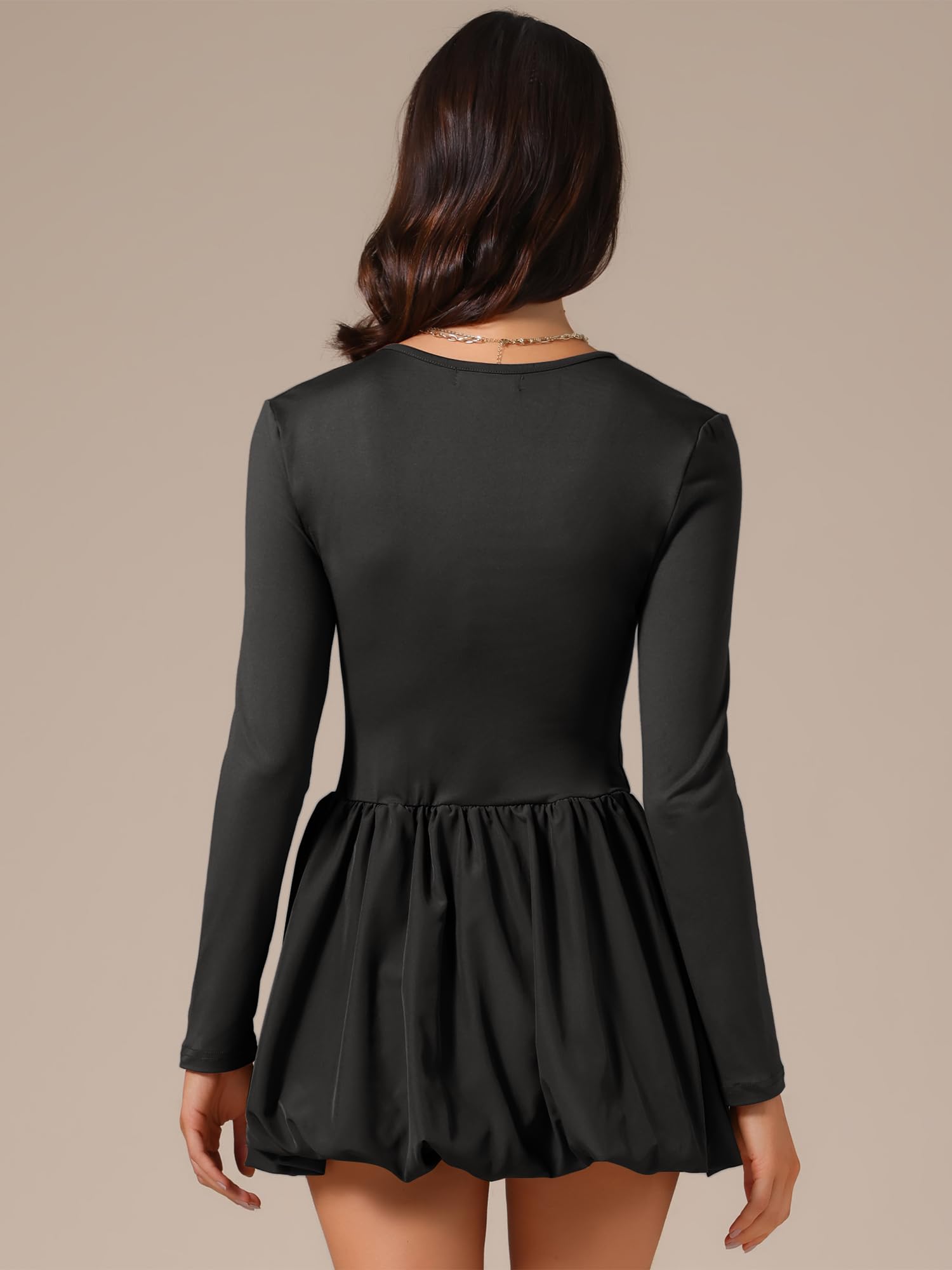 Allegra K Vestido corto de cóctel para mujer, cuello redondo, manga larga, para fiesta, club, corte entallado, con falda burbuja