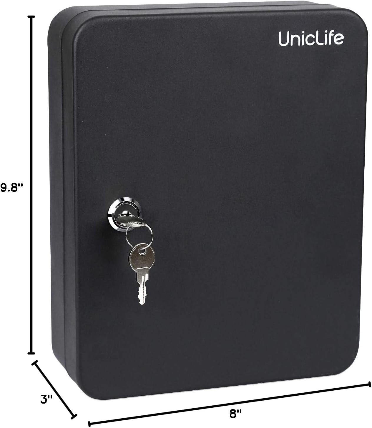 Uniclife 48-Key Steel Key Cabinet with 2 Unlocking Keys Wall Mounted Key Organizer Black Frosted Security Box with Hooks and Key Tag Labels Identifiers in 9 Assorted Colors