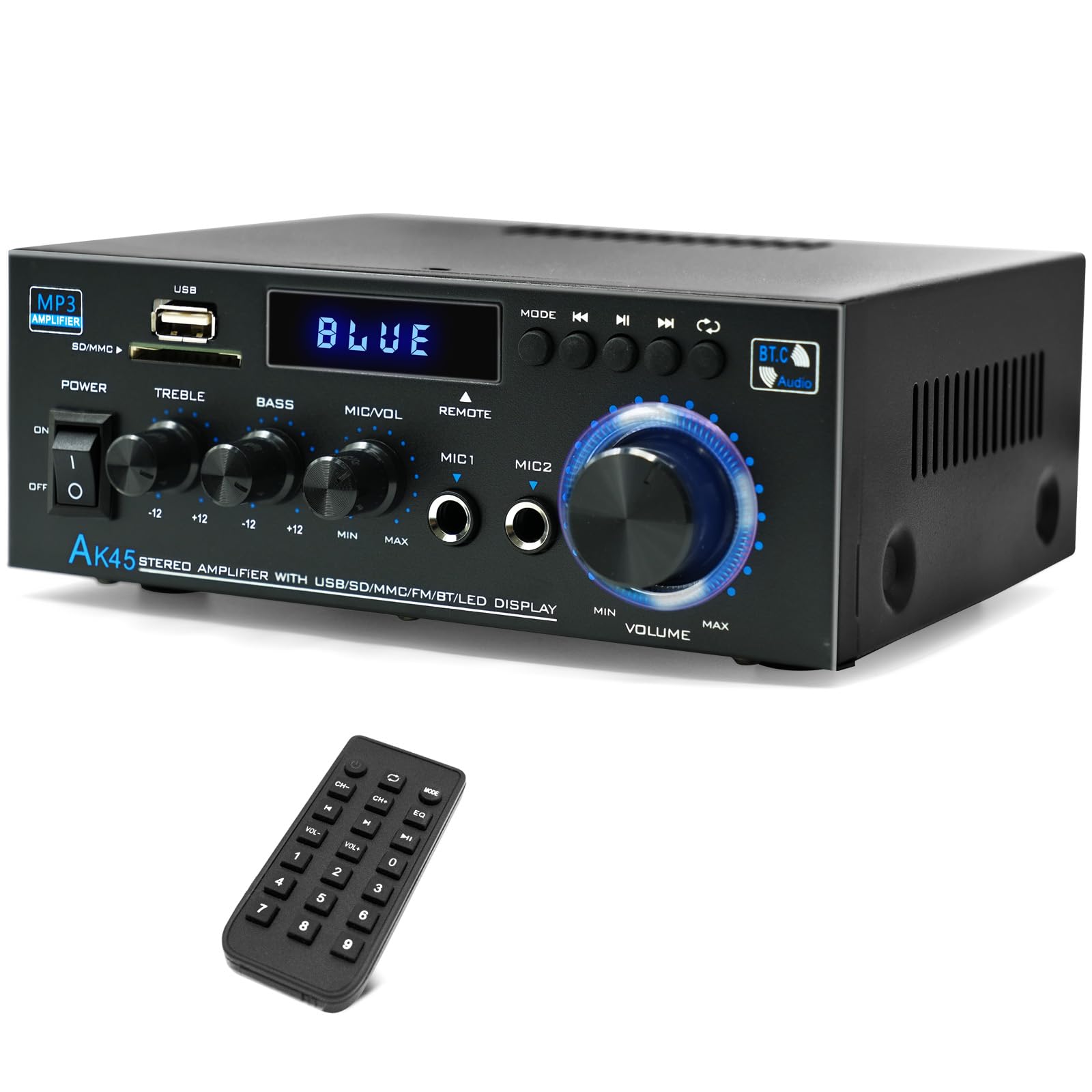 AK45 Stereo Home Audio Amplifier, 5.0 Mini Bluetooth Receiver, 300W *2 Blutooth HiFi Stereo Power Amplifier 2.0 Channel RMS 40W x 2 Home Stereo System