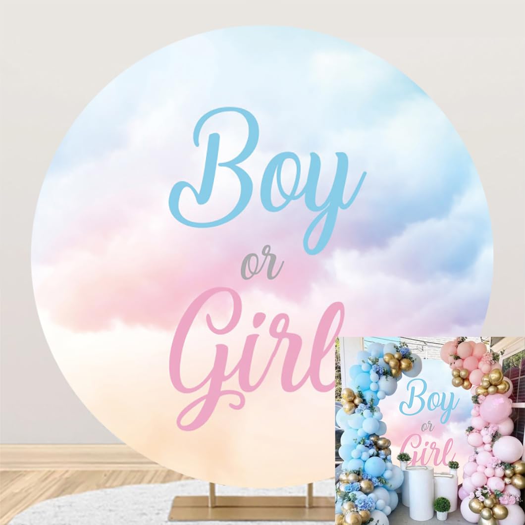 Laeacco 7.2x7.2ft Boy or Girl Gender Reveal Round Backdrop Blue Pink Clouds Circle Background for Photography Newborn Baby Shower Gender Reveal