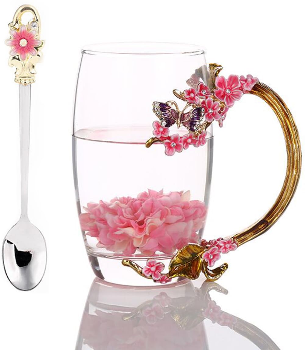 YBK Tech Kreative Blume Glasbecher, Kristallklares Glas Teetasse- Rosa Pflaume, Hoch (350ml)