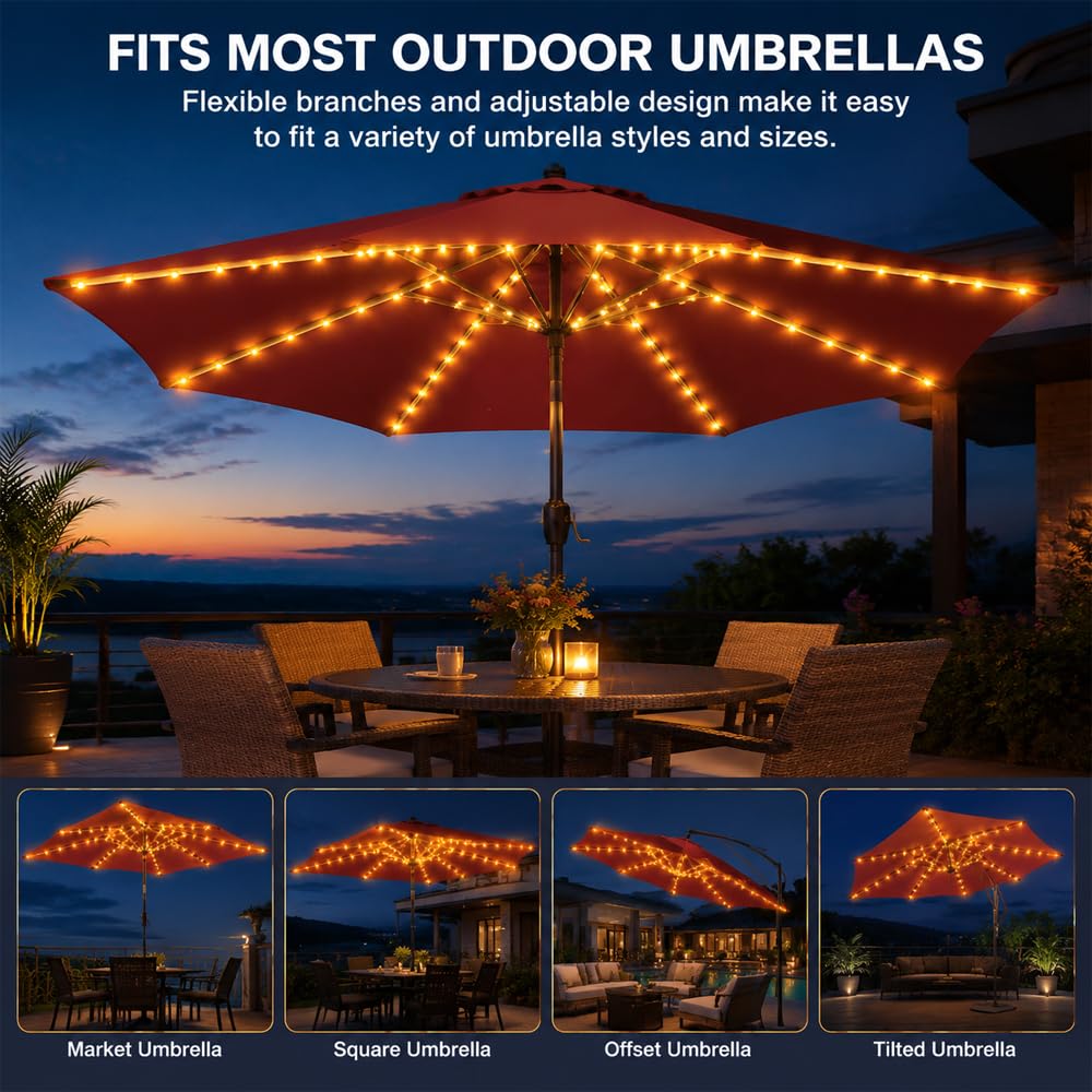 Luces LED para Sombrilla de Terraza Exterior, Guirnalda Impermeable IP65 con Mando a Distancia 8 Modos, Iluminación Recargable para Jardín, Sombrillas y Patio, Blanco Cálido (104 LED, 8 Tiras)