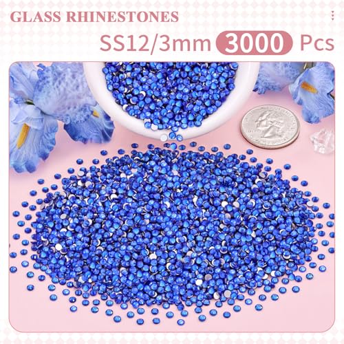 Image of 3000PCS SS12 /3mm Crystal Glass Rhinestones for Bedazzling (Blue /Sapphire) | Flatback Rhinestones for Crafting DIY Nail Art Makeup Decoration, Gems Diomand Charms for Tumbler Shoes Clothing Mug