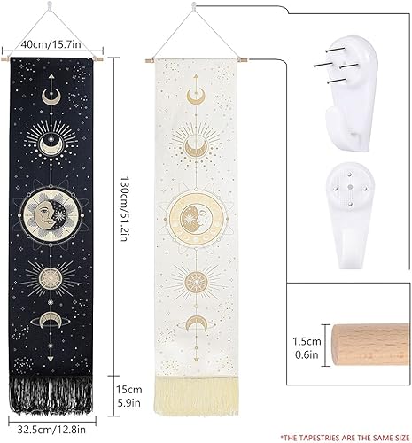 Miniatura 5 de Ochine Paquete de 2 tapices de fase lunar para colgar en la pared, tapices bohemios, fases blancas y negras, decoración del hogar para sala de estar