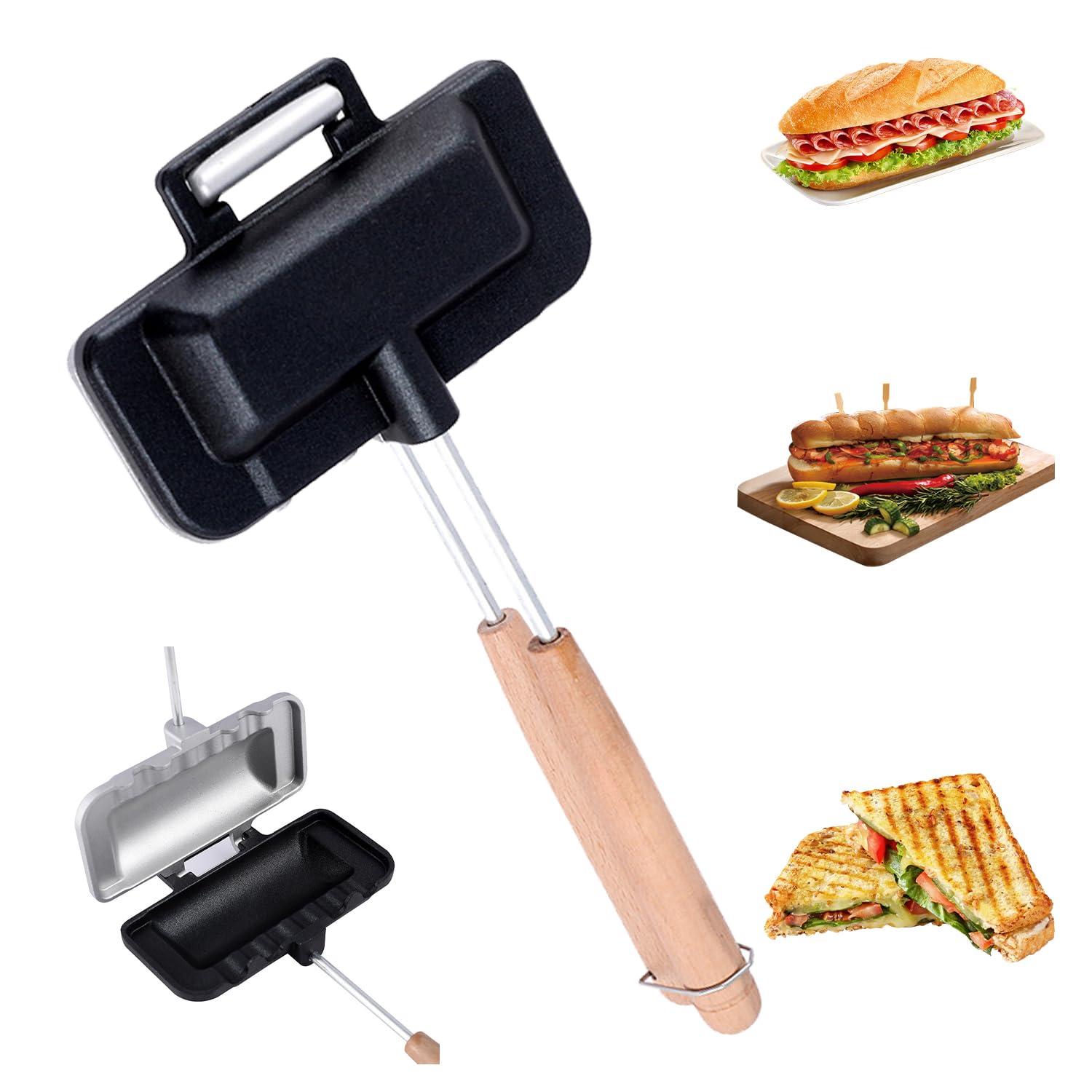 Poêle à Sandwich Amovible, Anti-Adhésive, Poêle à Sandwich, Poignée en Bois, Double Face, Moule à Sandwich, Poêle à Sandwich pour Petit Déjeuner, Crêpes, Toasts, Omelettes