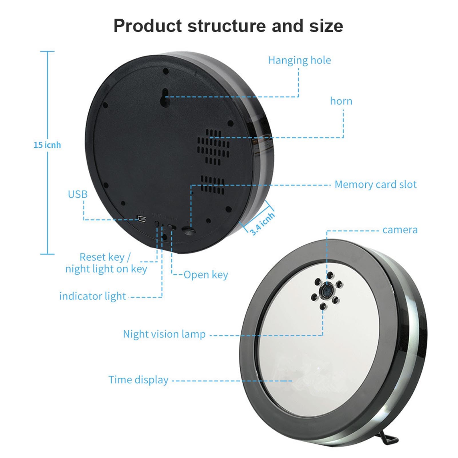 Reloj con Cámara Oculta, Cámara de Seguridad 1080P con Intercomunicador Remoto de 2 Vías, Visión Nocturna HD, Enfoque Automático, Detección de Movimiento, Grabación en Bucle,