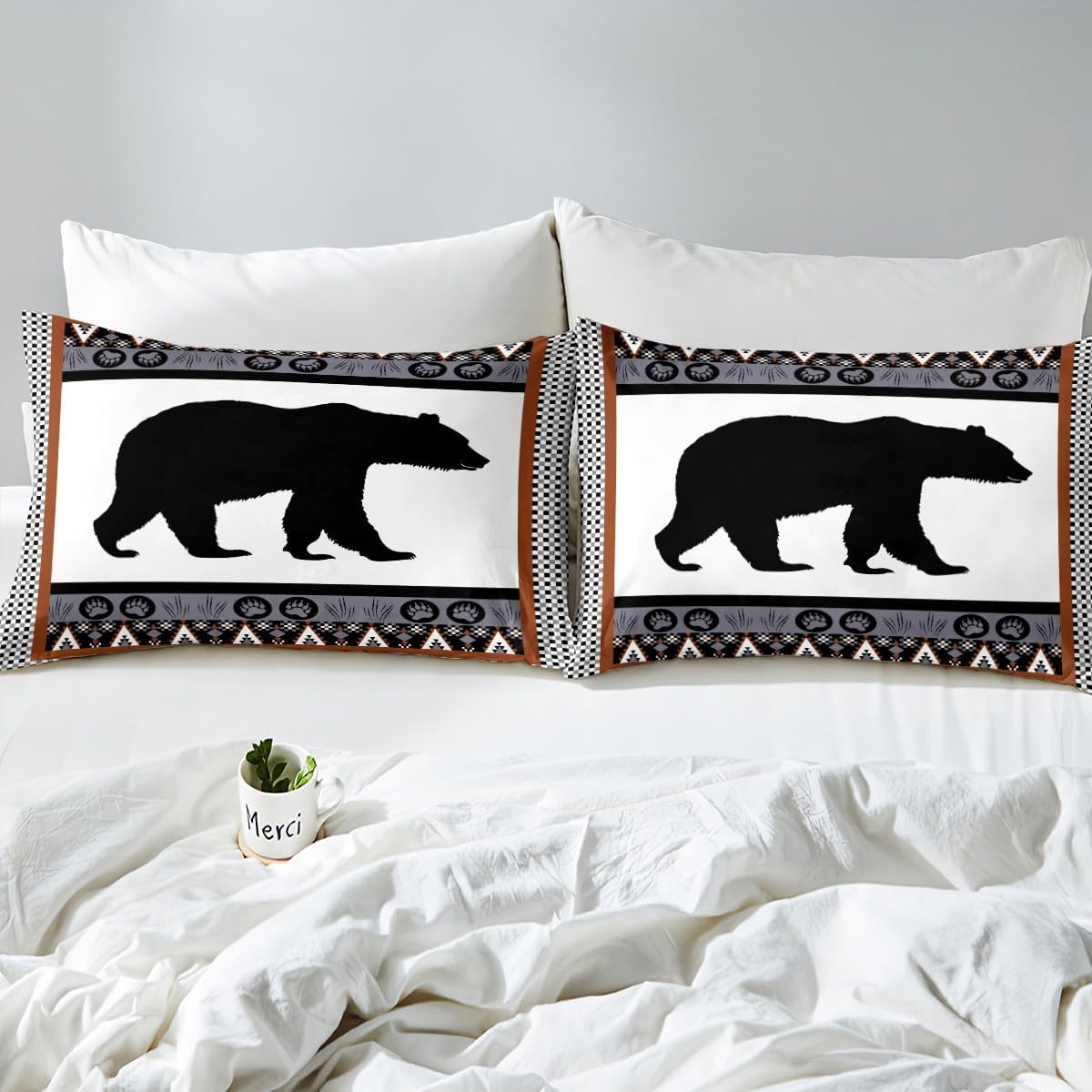Erosebridal Bear Bed Sheets Set Queen, Rustic Cabin Decor Sheet Set Southwestern Sheets Cowboys Gifts for Men, Tribal Wildlife Animal Western Decor Top Sheet with 2 Pillow Cases, Grey White