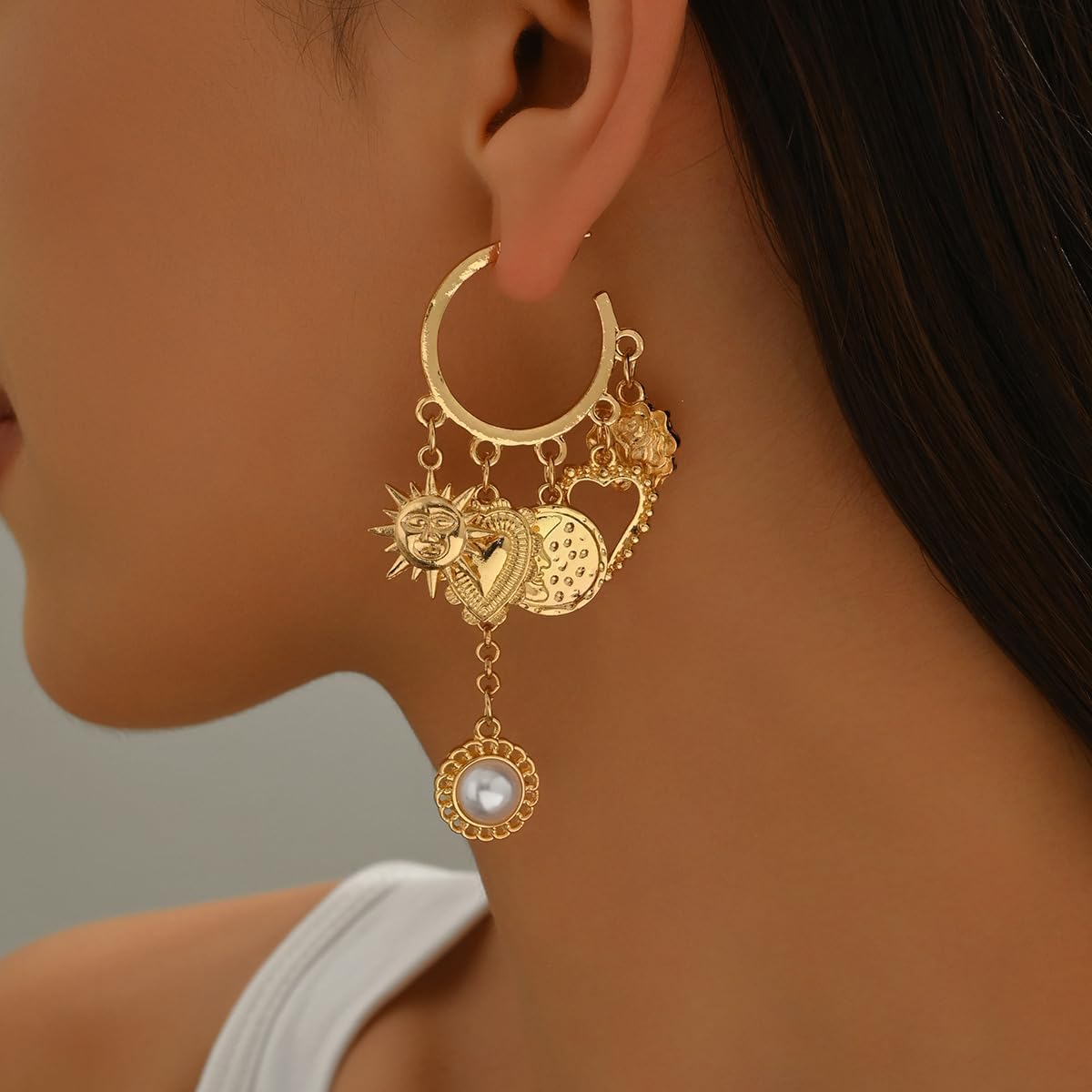 Boho Dangle Hoop Earrings for Women Trendy Bohemian Peal Charm Earring Gold Plated Heart Drop Statement Jewelry Gift - Image 2
