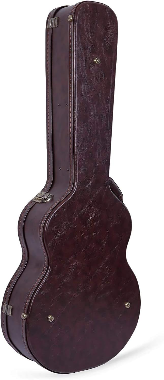 Crossrock Case - Hard-Shell Wooden Guitar Case - Fits OM/Martin 000-14 Fret Acoustic Guitars - Stainless Steel Latches, Sponge Lining, Metal Feet, Storage Space - Brown