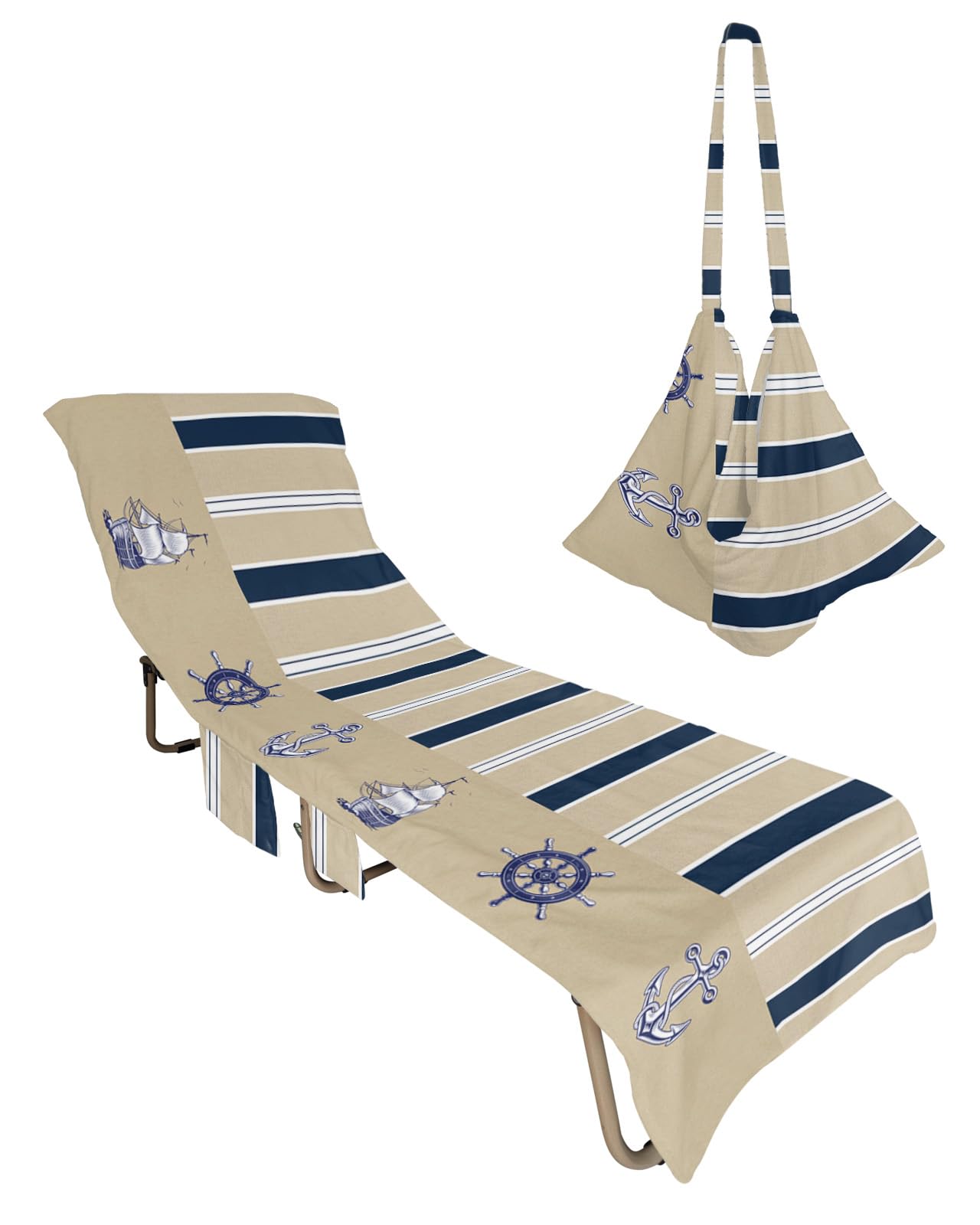 Ocean Beach Chair Towel Covers for Chaise Lounge With Side Pocket, Soft Plush Pool Towels Cover for Patio Sunbathing Outdoor 29''x85'' Anchor Sailboat Navy Blue Beige Summer Beach
