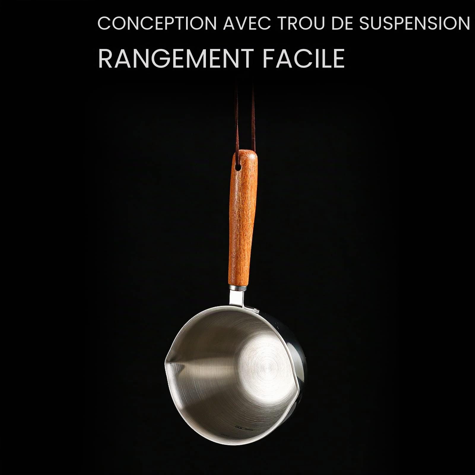Casserole à Lait avec Bec Verseur, Chauffe-Beurre en Acier Inoxydable 450 ml, Mini Pot à Lait pour Café au Beurre, Compatible Induction, Gaz, Électrique, Poignée en Bois