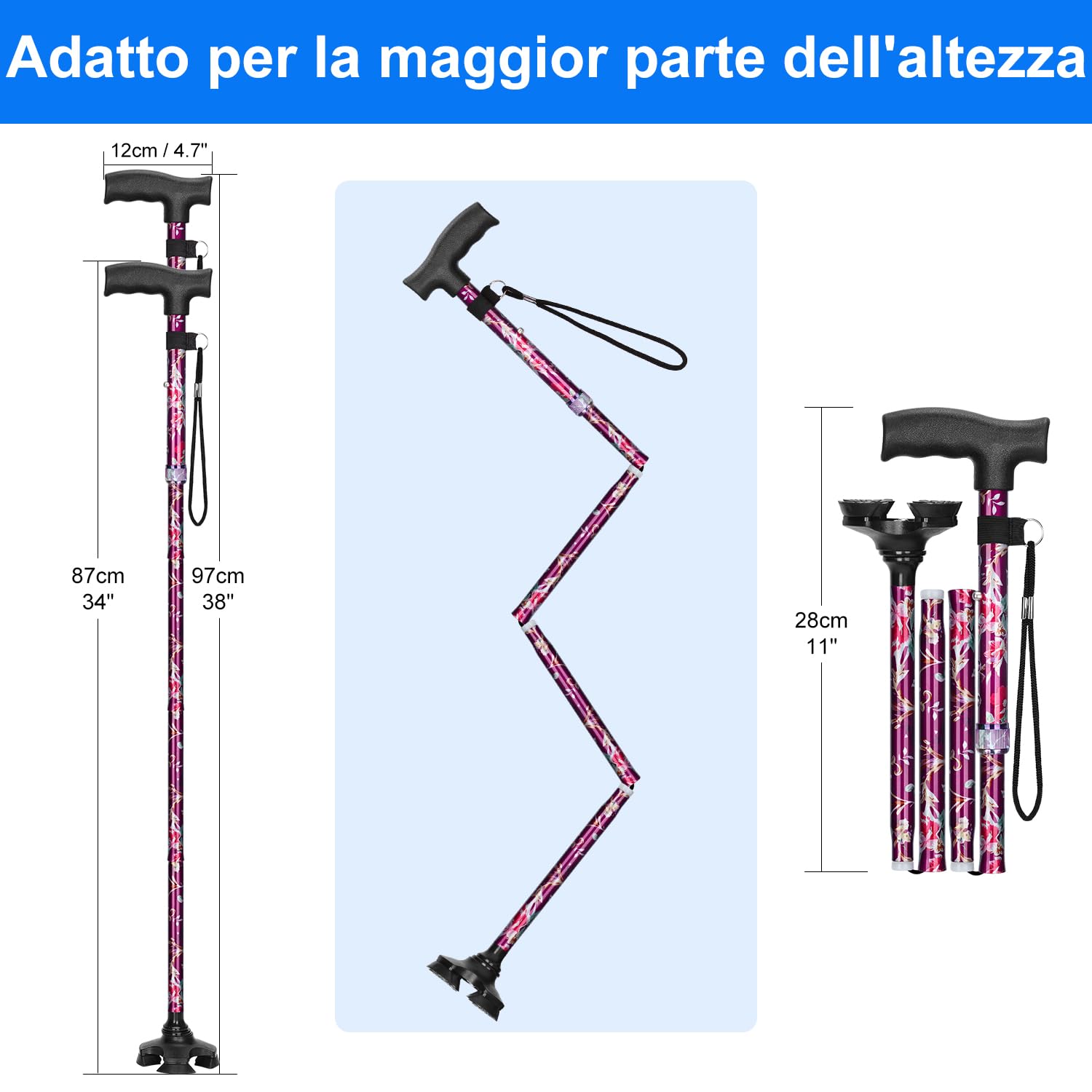 supregear Bastone per Anziani, Self-Standing 4 Zampe Bastone da Passeggio Pieghevole per la Mobilità Robusto, 5-Livello Altezza Regolabile con T-Maniglia e Anti-Perso Polso Cinghia