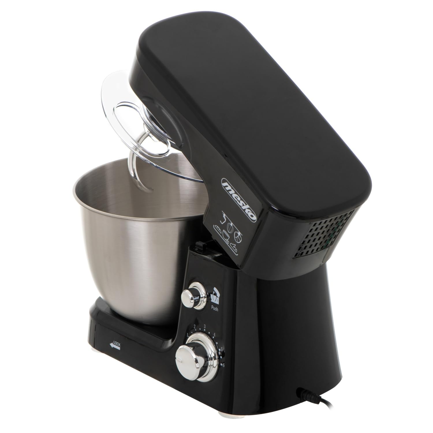 MESKO MS 4217 - Robot da cucina con ciotola da 3,5 l, in acciaio INOX, 6 velocità, gancio impasto, frusta, frusta, 1200 W, paraspruzzi, impastatrice
