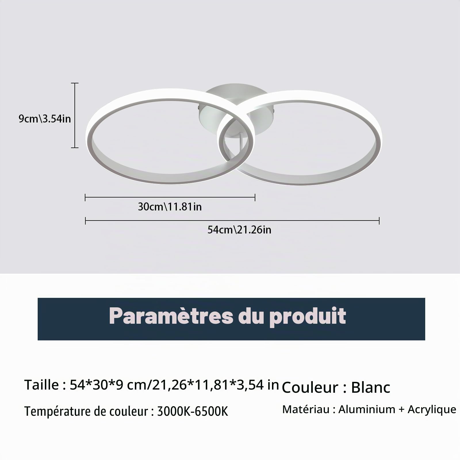 Plafonnier LED Dimmable 38W Télécommande 3000K-6500K