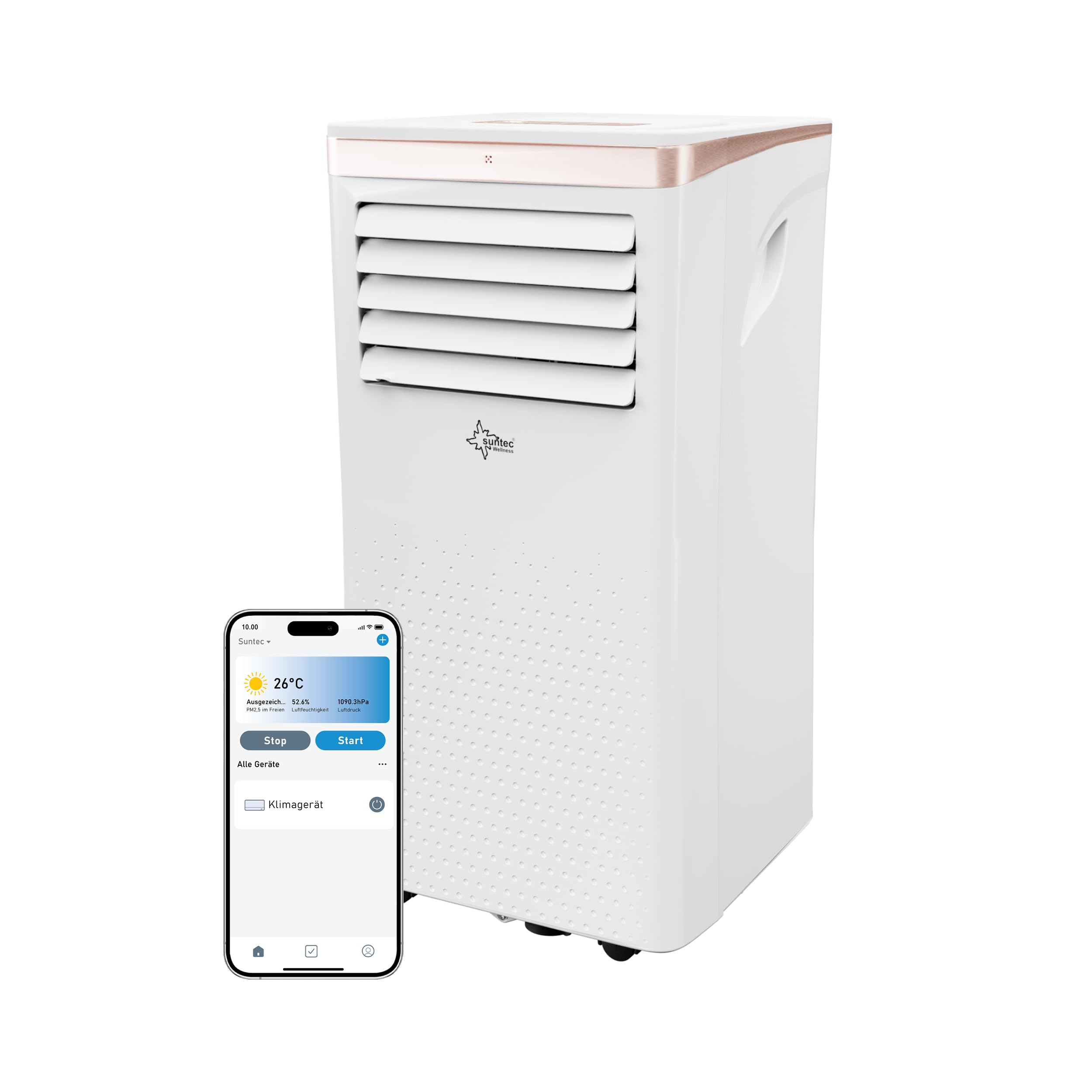 SUNTEC Mobiles Klimagerät Coolfixx 9000 BTU Design rosé App – Klimaanlage mobil und leise mit Smart App Steuerung – Entfeuchter für Räume bis 34 qm – Mobile Kühlung für zuhause – 9.000 BTU