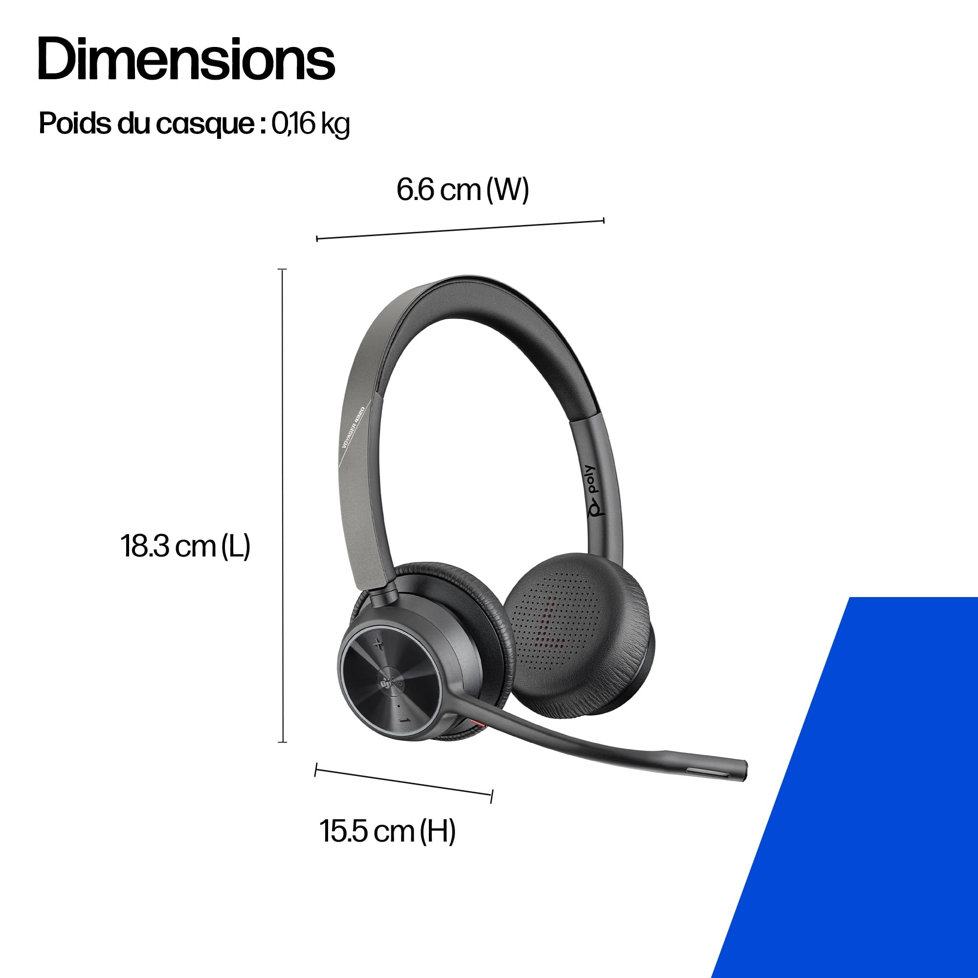Micro-casque sans fil Poly Voyager 4320 UC - Micro-casques binauraux avec perche microphone antibruit - Connexion à un PC/Mac/Téléphone portable via Bluetooth - Fonctionne avec Teams (certifié), Zoom