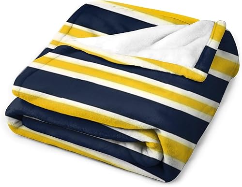 Miniatura 3 de Manta de rayas náuticas amarillas y azul marino con diseño de rayas retro para sofá de 60 x 80 pulgadas, acogedora manta de cama de franela para