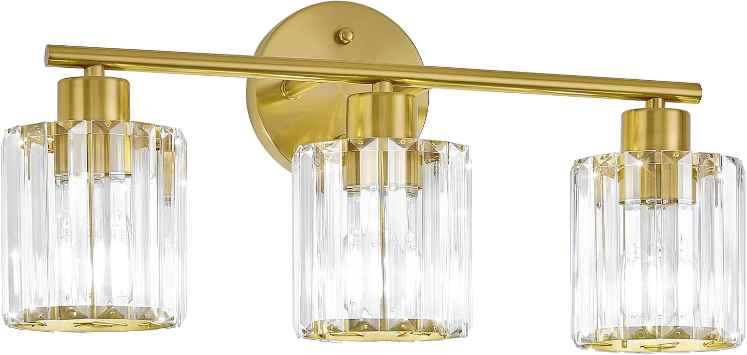 Crystal Bathroom Light Fixtures, Bathroom Lighting Fixtures Over Mirror, Modern 3-Light Gold Vanity Lights for Mirror, Restroom, Kitchen(Ceramic E26 Socket,Bulbs Not Include)