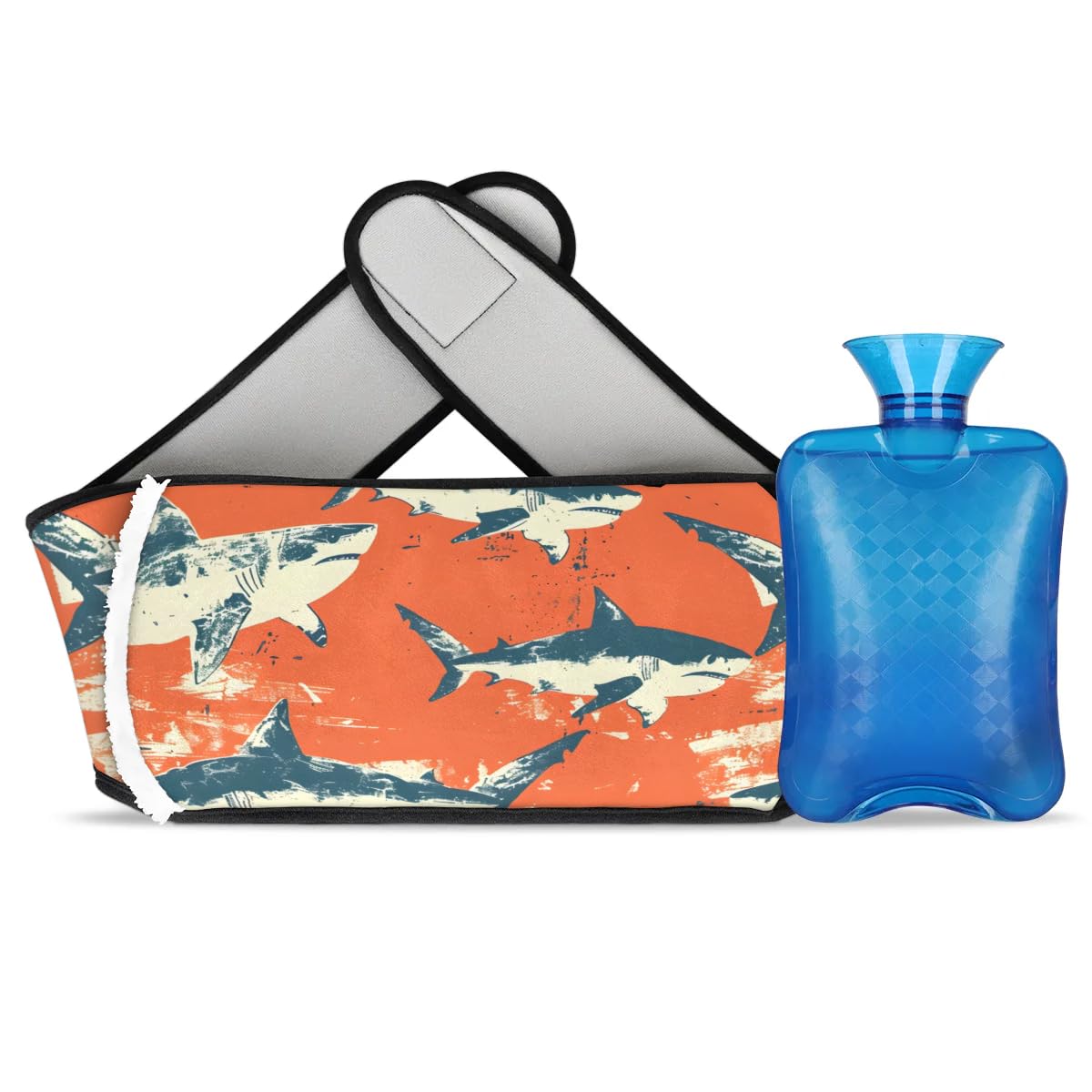 Hot Water Bag with Waist Cover Red Sharks Warm Hot Water Bottle Belt Plush Double Hand Insert Wearable Water Bag Detachable Hot Bottle Pouch for Neck Shoulder Pain Relief