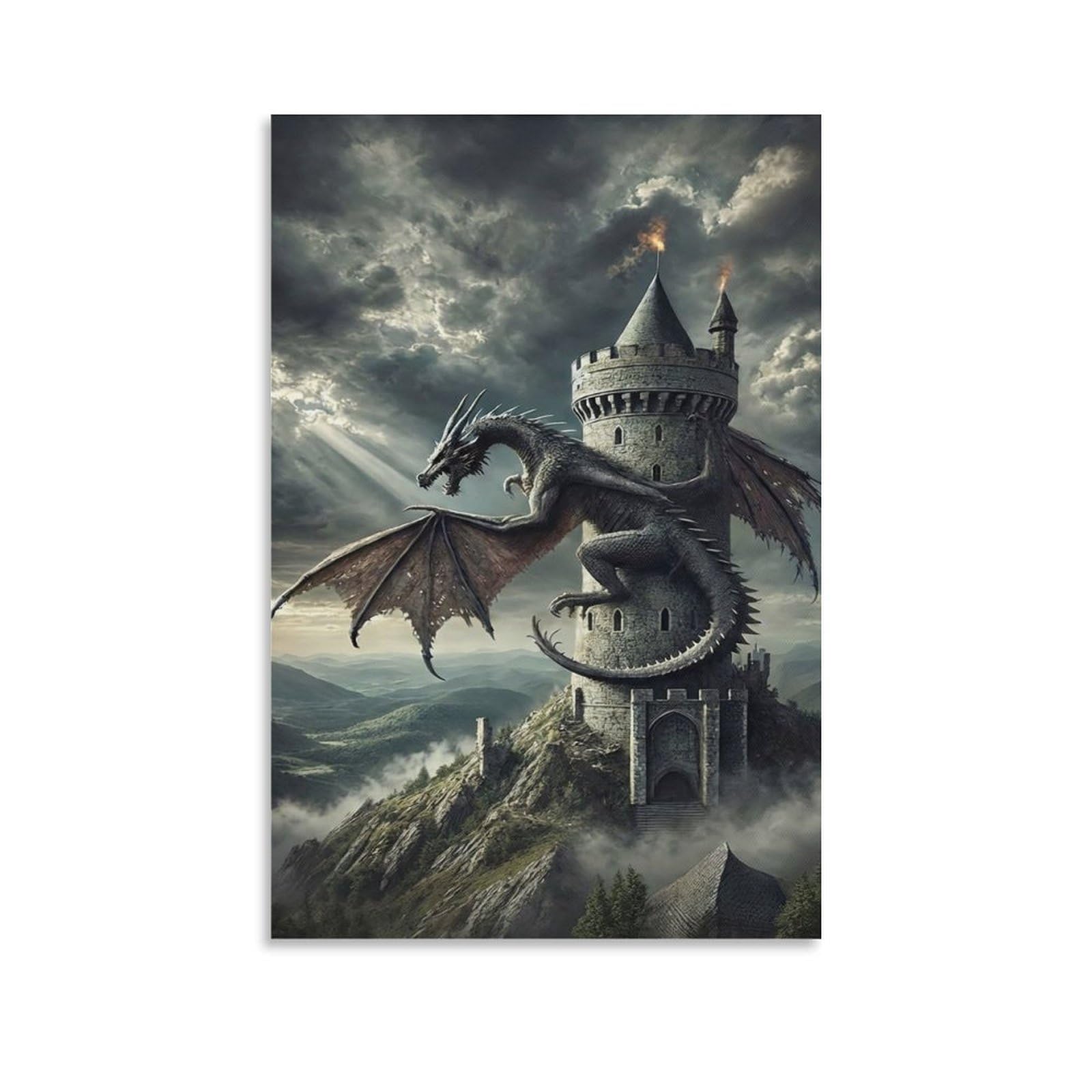 DHBANEIOK Dragon Castle Fantasy Wall Decor Poster Canvas Prints Picture Modern Wall Art Picture Wall Hanging for Bathroom Wall Decor 20x30inch(50x75cm)